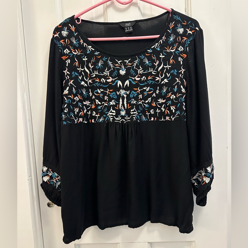 Black Embroidered Size 10 F&F Peasant Top (D13)